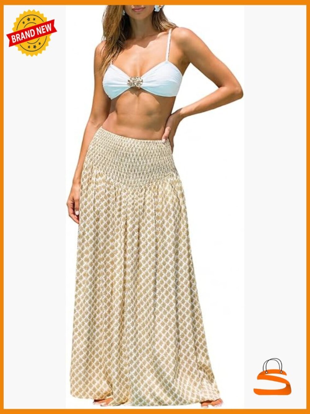 High Waist Smocked Maternity Maxi Skirt Flowy Beach Casual Long Skirt